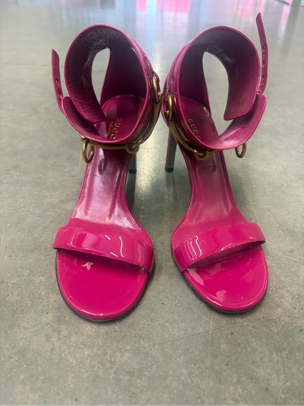 Gucci Pink Patent Leather Ankle-Strap Heels with Gold Hardware